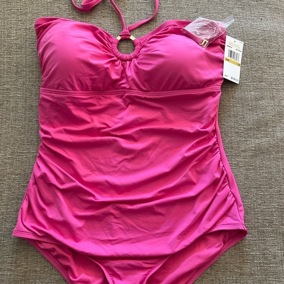NWT  Michael Kors Pink/Gold Tone Logo Ring 1 Pc Swimsuit Size 14 - Picture 1 of 7